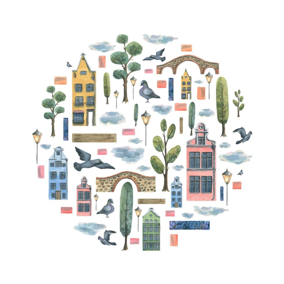 acuarela ilustración de un composición de linda antiguo pueblo casas europeo multicolor casas, puentes, dibujos animados árboles, calle lámpara, palomas, nubes para el diseño de postales, carteles, pancartas vector