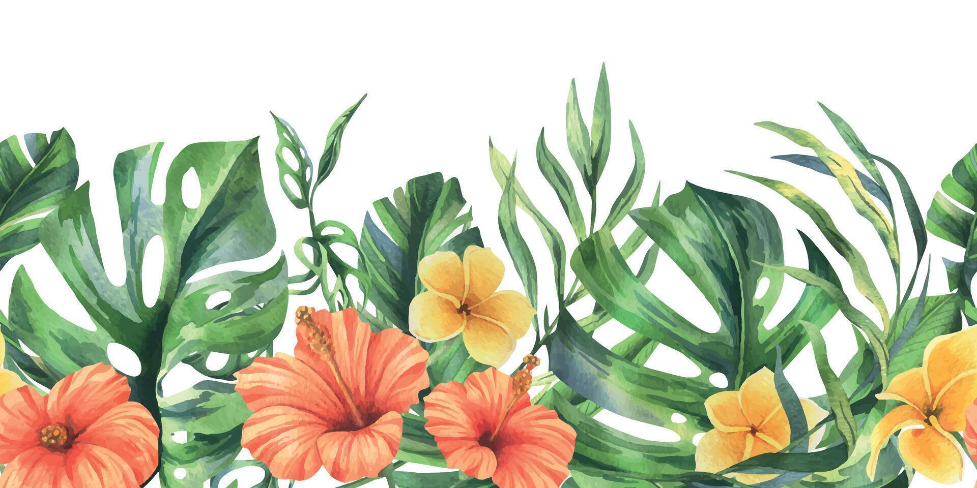 Tropical palm leaves, monstera and flowers of plumeria, hibiscus, bright juicy. Hand drawn watercolor botanical illustration. Seamless border is isolated from the background vector