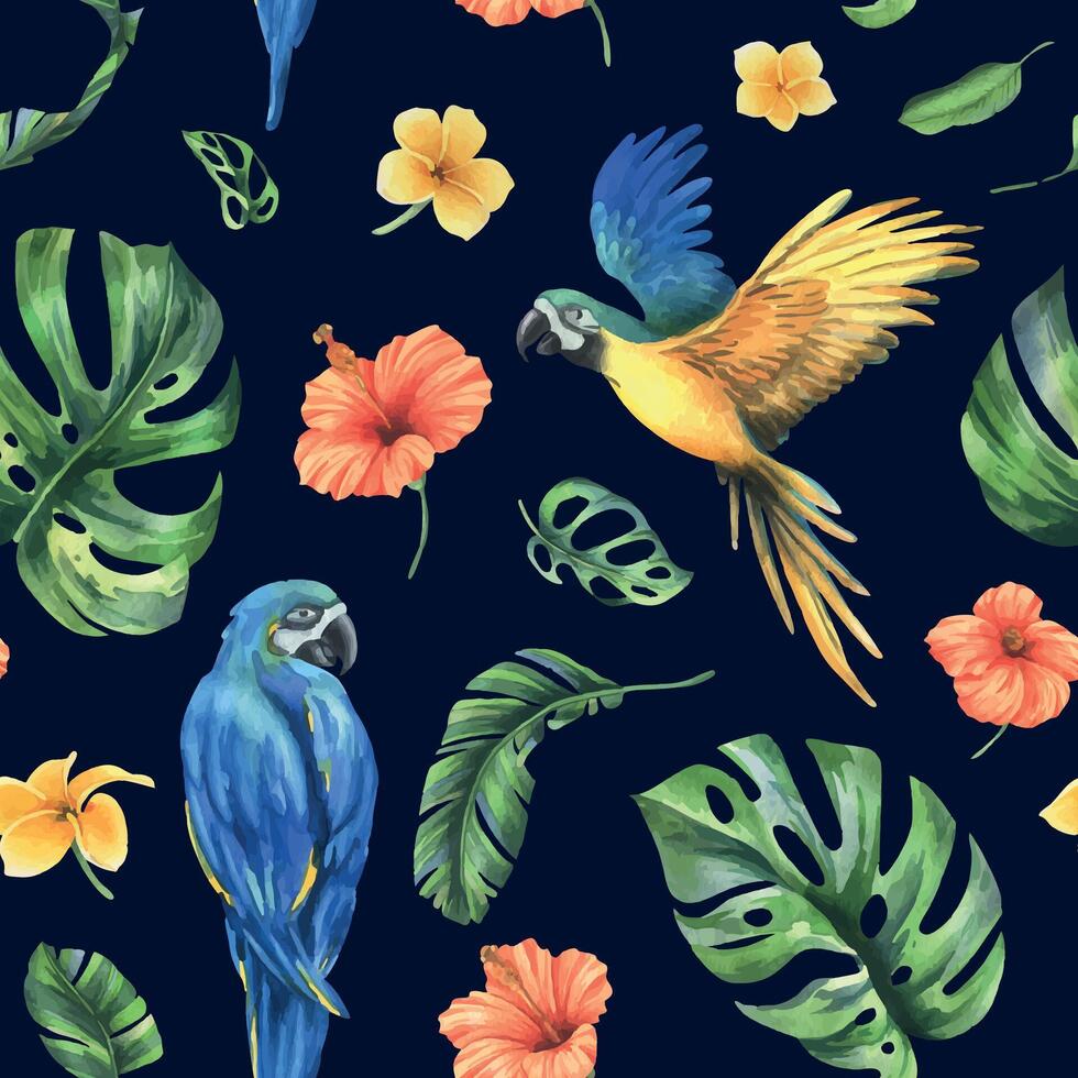 tropical palma hojas, monstera y flores de plumería, hibisco, brillante con azul amarillo guacamayo loro. mano dibujado acuarela botánico ilustración. sin costura modelo en un oscuro antecedentes. vector