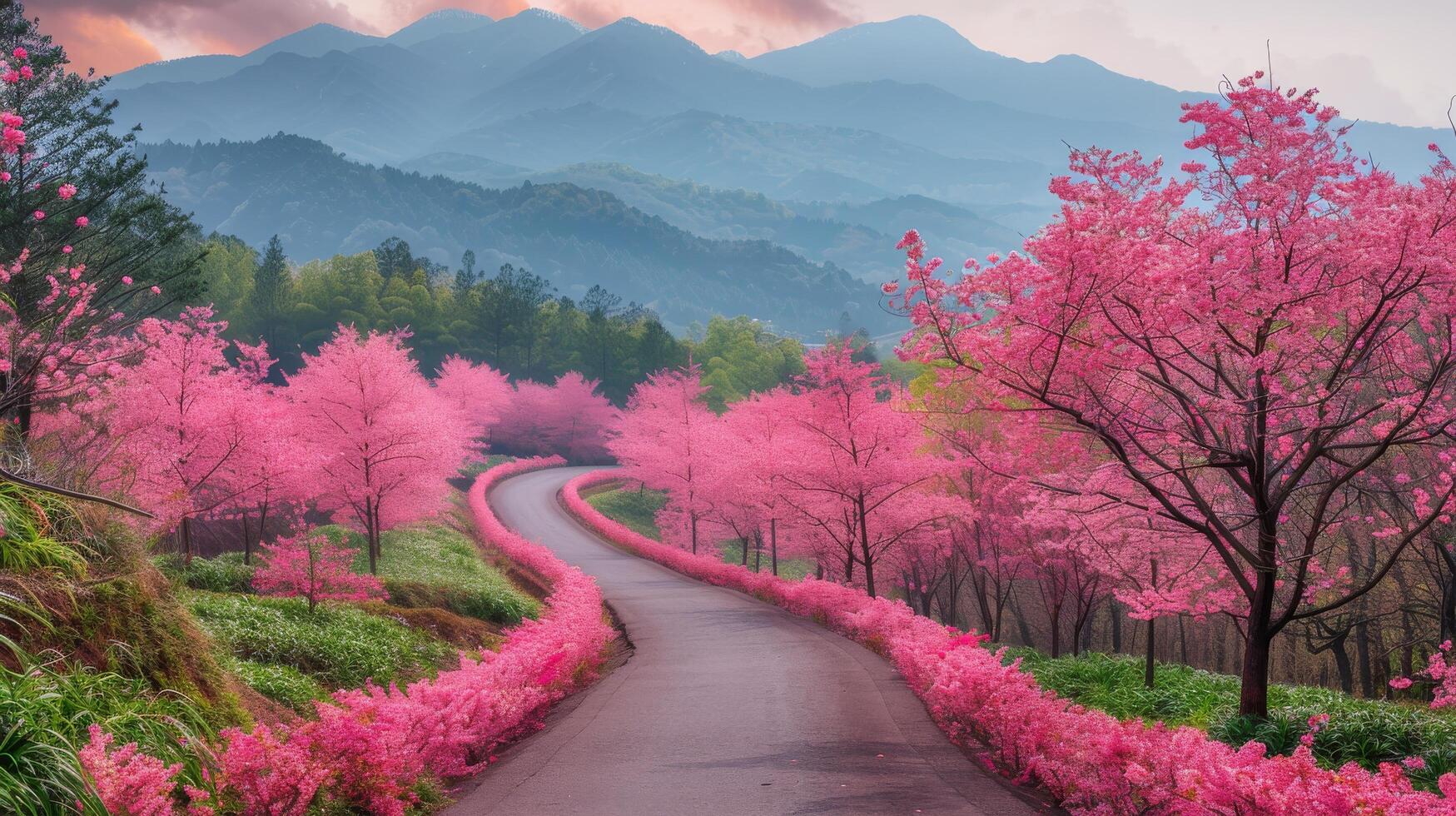 ai generado un pintura de un la carretera con rosado flores foto