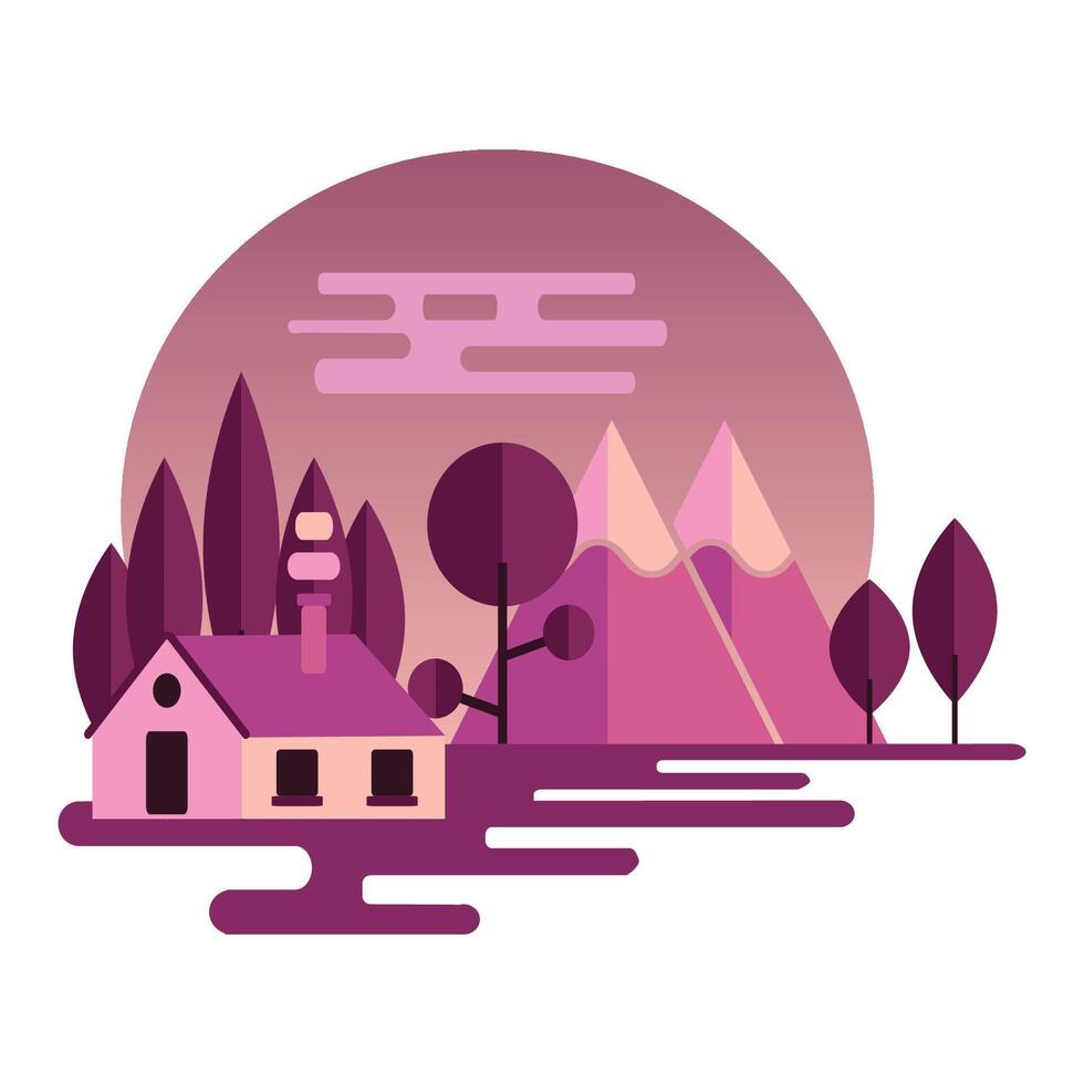 Night landscape illustration in flat style with mountains, forest and hom. Background for summer camp, nature tourism, camping or hiking design concept. vector