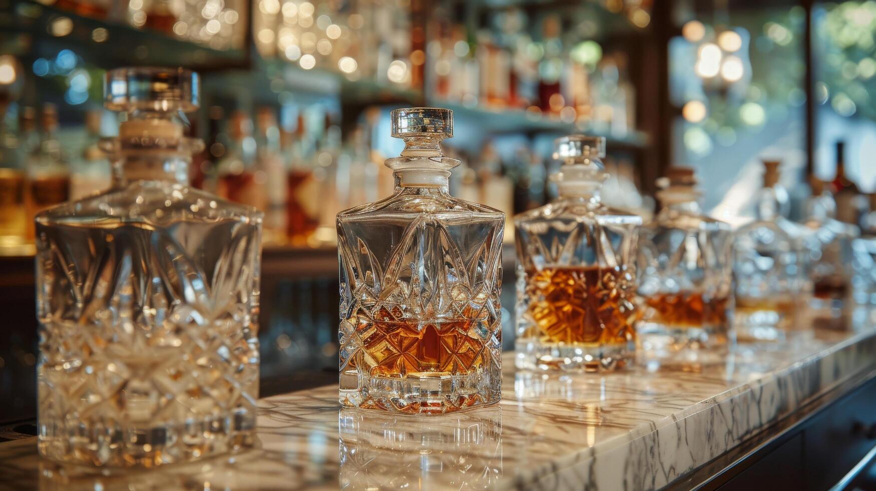 AI generated Bottles of Liquor Lined Up on a Bar photo