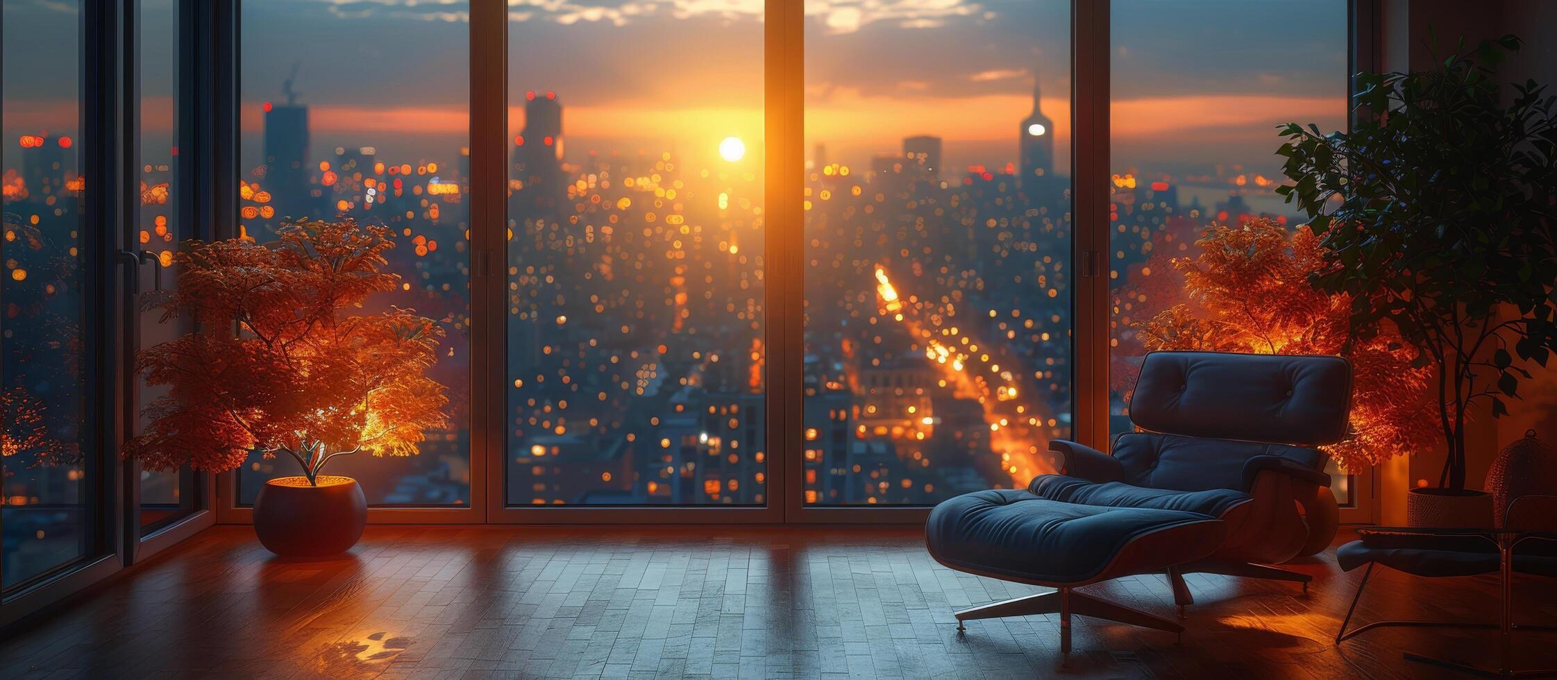 AI generated Furnished Living Room With Large Window photo