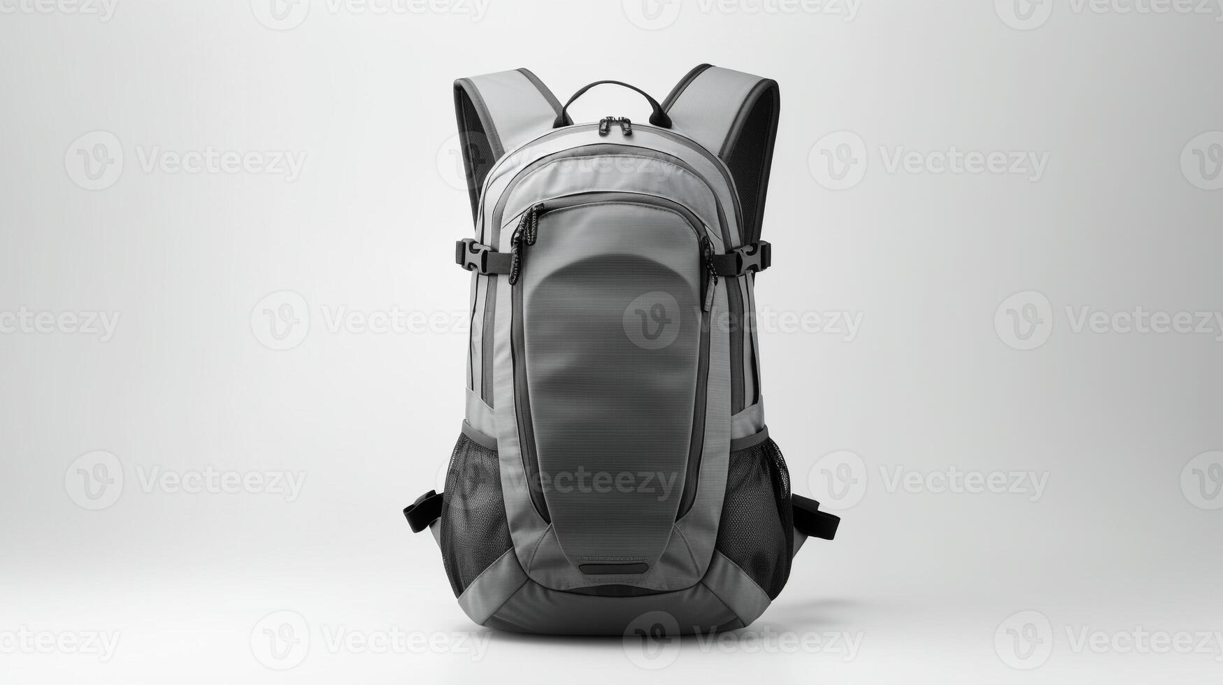 ai generado gris hidratación mochila bolso aislado en blanco antecedentes con Copiar espacio para anuncio publicitario. ai generado foto