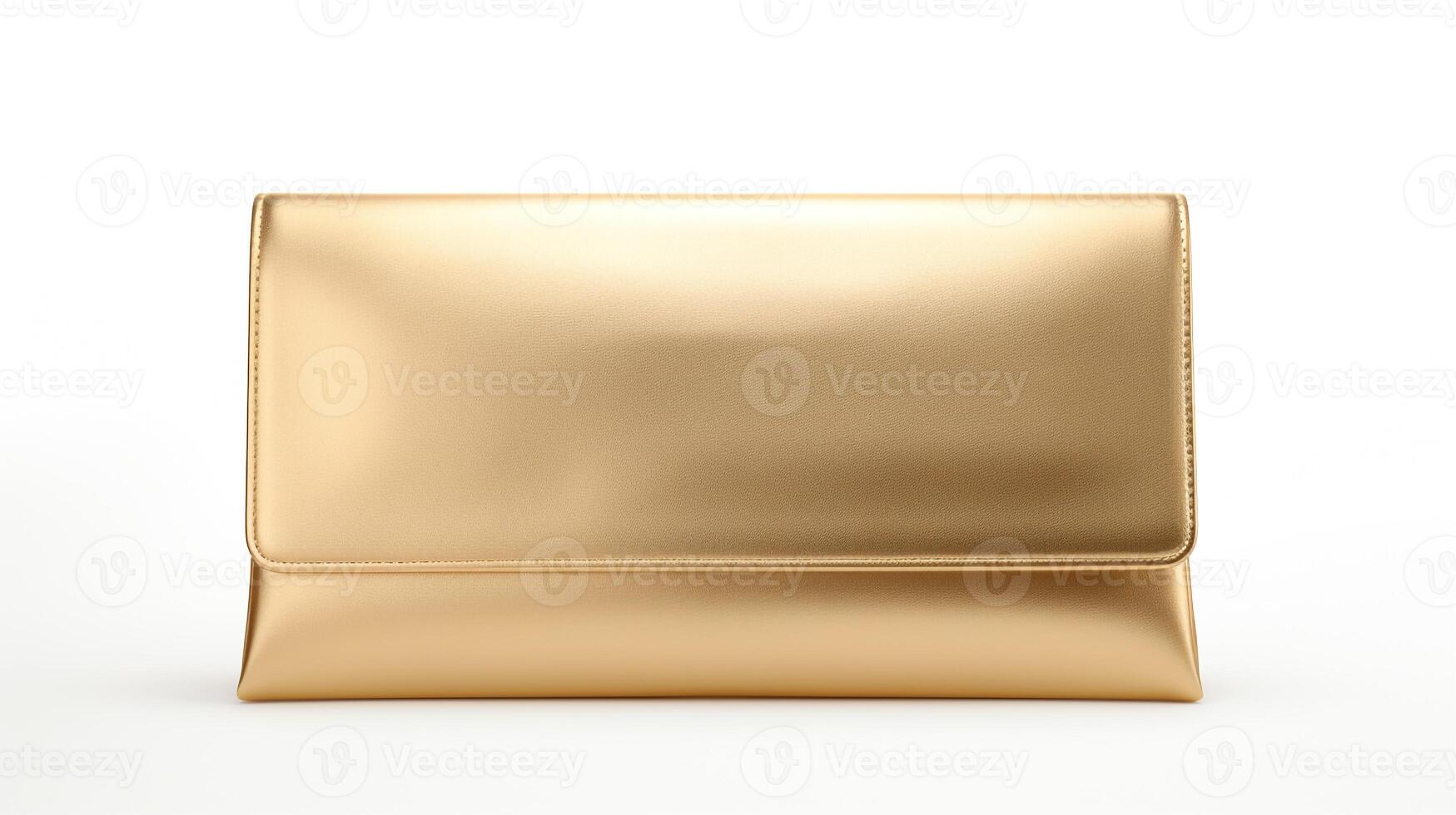AI generated Gold Foldover Clutch Bag isolated on white background with copy space for advertisement. AI Generated photo