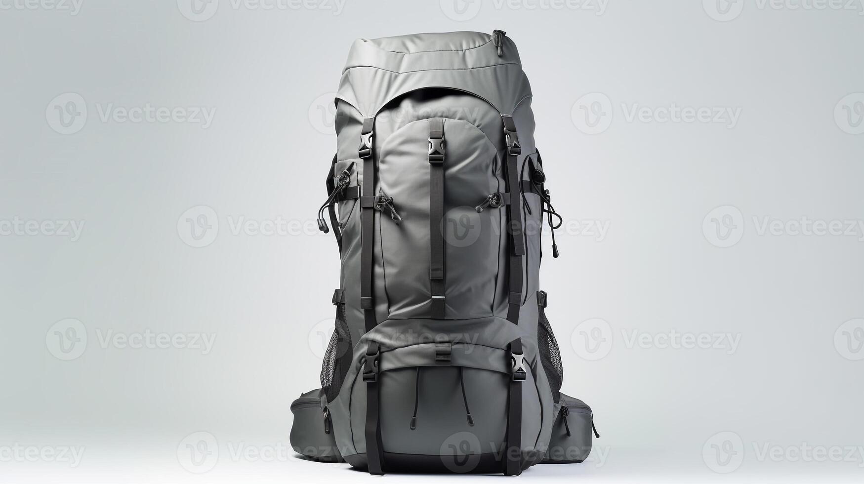 ai generado gris excursionismo mochila bolso aislado en blanco antecedentes con Copiar espacio para anuncio publicitario. ai generado foto