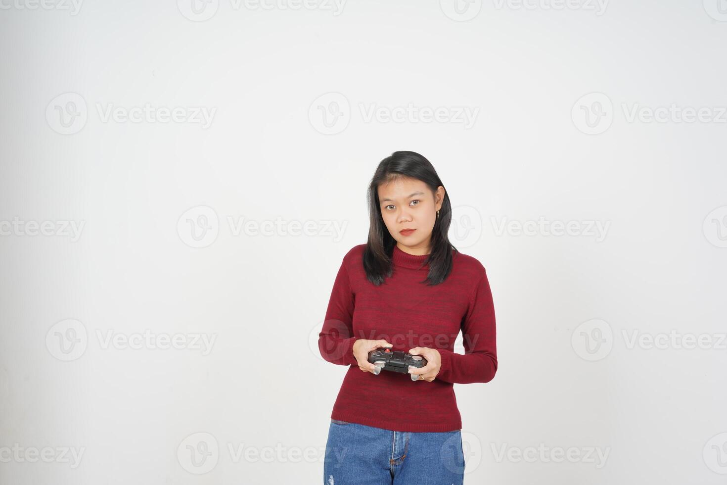 Young Asian woman in Red t-shirt holding game controller, Playing game isolated on white background photo