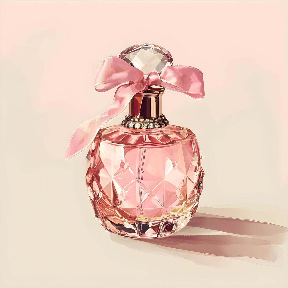 AI generated Pink Bottle of Perfume. Women's Eau De Parfum in Beautiful Rose Gold Bottle. Vintage style photo