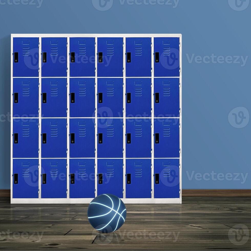 Basketball in room floor with locker in the background photo