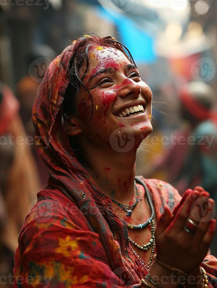 ai generado un holi festivo celebracion. un mujer es sonriente y vistiendo un rojo bufanda. ella es rodeado por personas y el atmósfera es animado foto