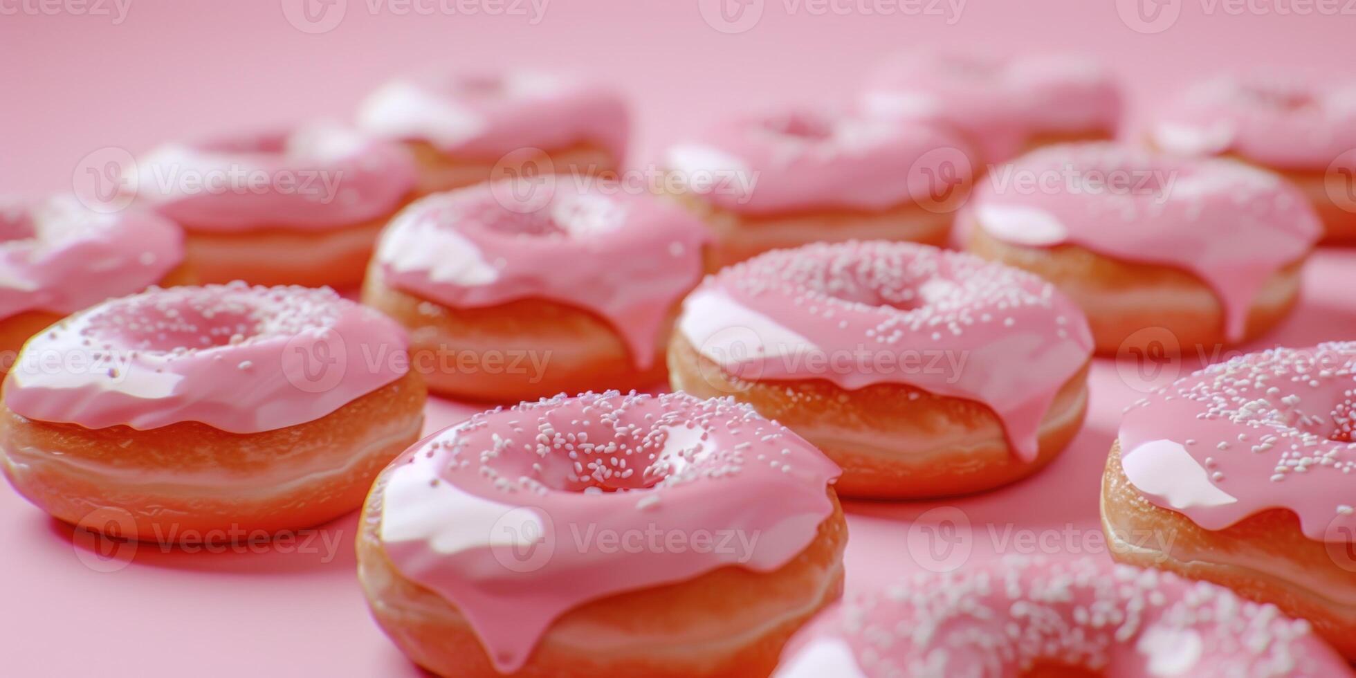 AI generated Glazed pink donuts are arranged in a row on a light pink background photo