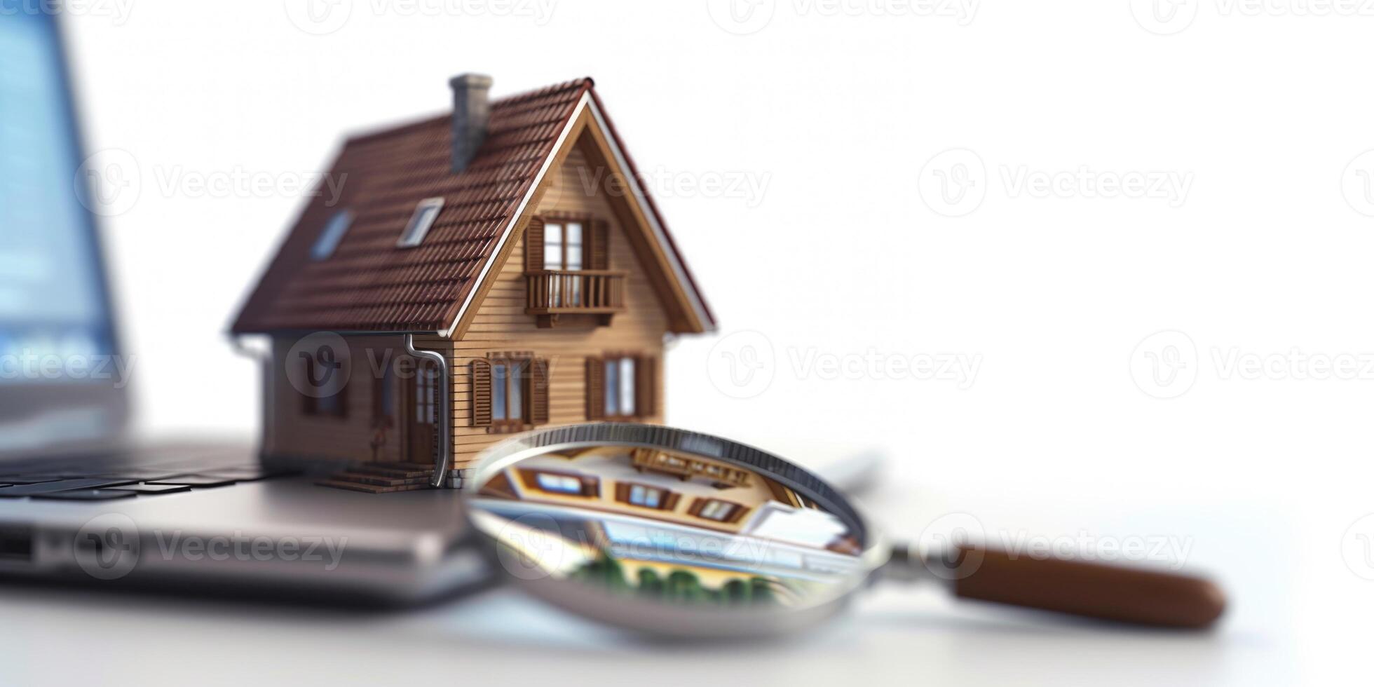 AI generated Model of a house with a magnifying glass on a white background with copy space. Concept of buying and searching for real estate photo