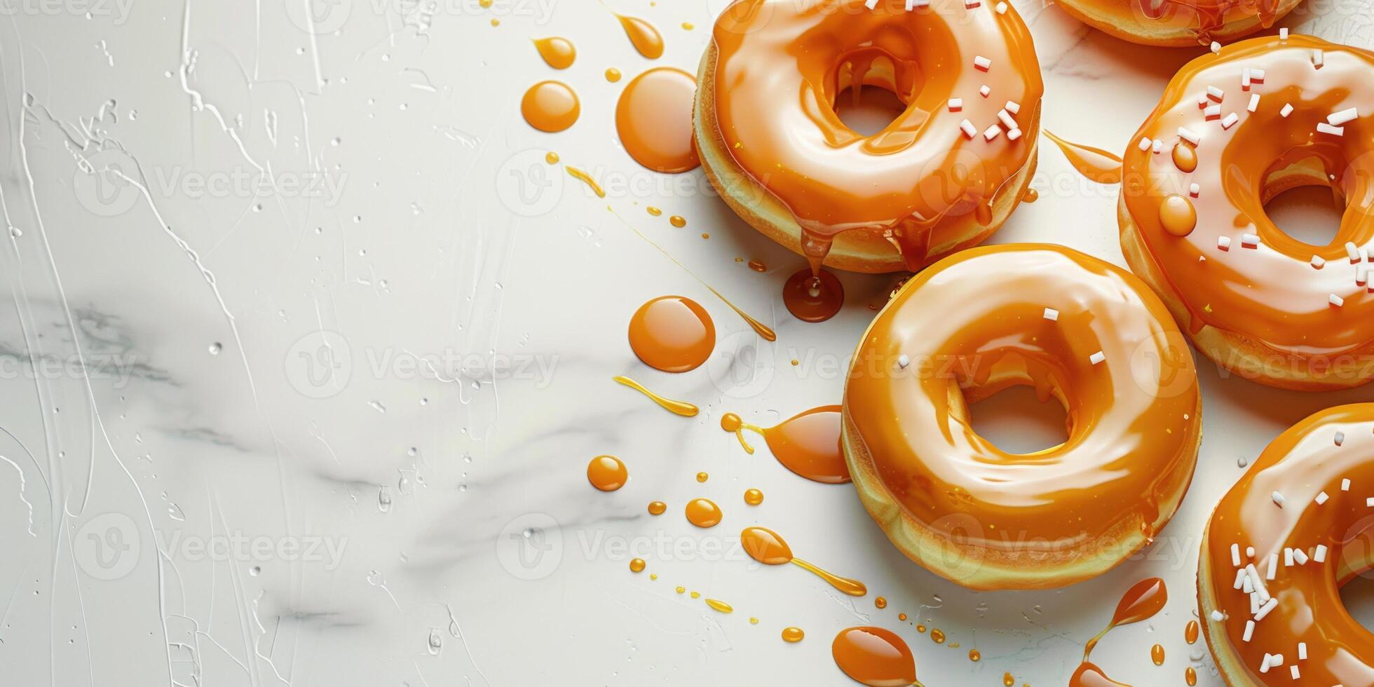 ai generado rosquillas sumergido en caramelo vidriar en un ligero antecedentes con Copiar espacio foto