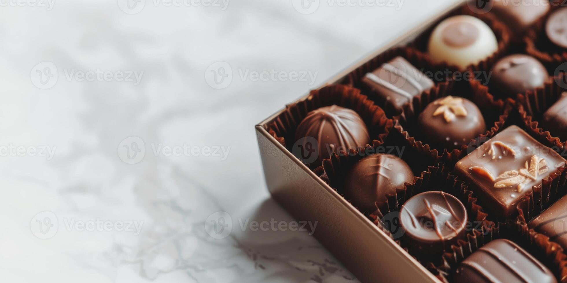 AI generated Box of chocolate assorted sweets on a light background with copy space. Holiday concept photo