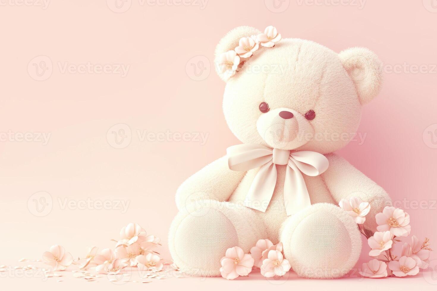 AI generated Cute teddy bear toy on a light background with flowers and copy space. Background for greeting card photo