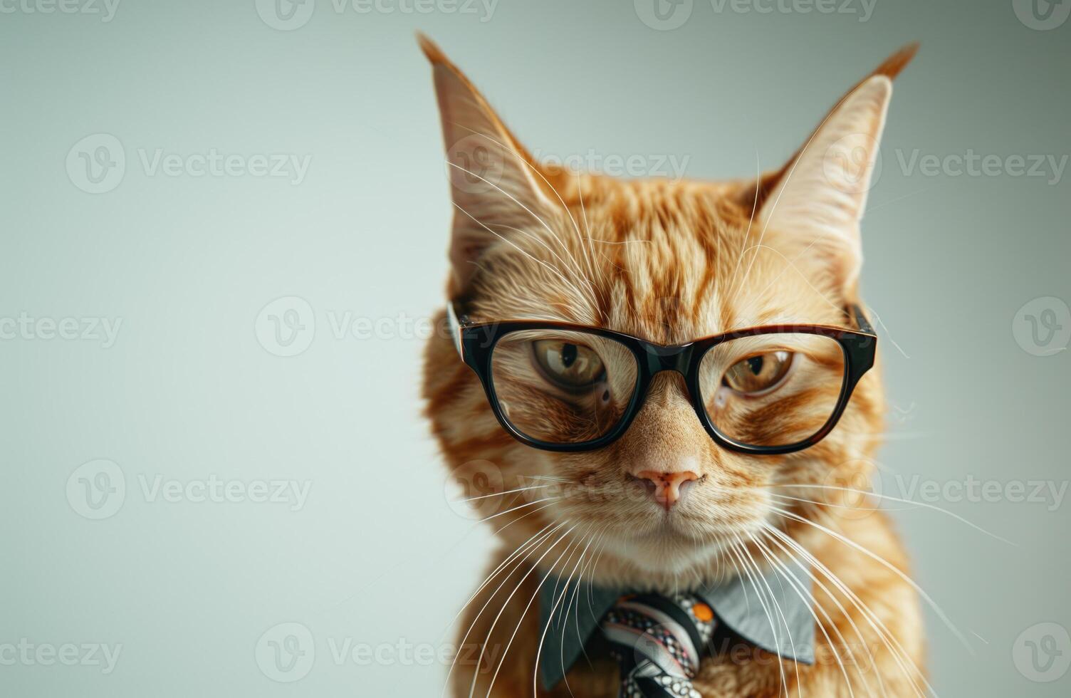 AI generated Business cat wearing glasses and a tie on an empty background with copy space photo