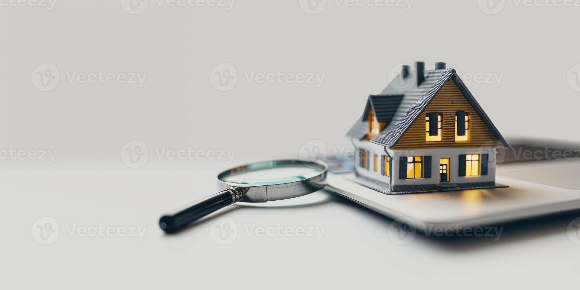 AI generated Model of a house with a magnifying glass on a white background with copy space. Concept of buying and searching for real estate photo