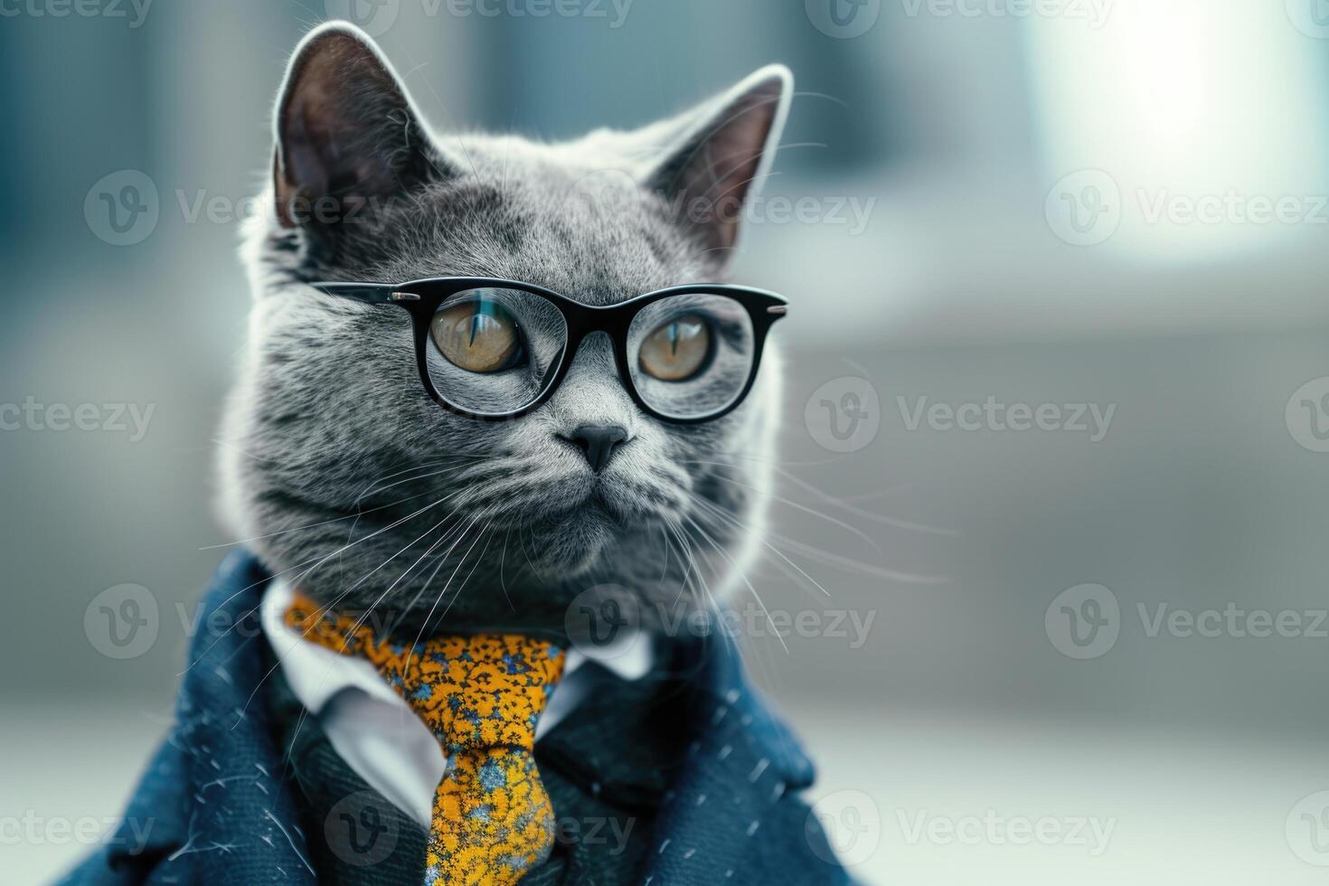 AI generated Business cat wearing glasses and a tie on an empty background with copy space photo