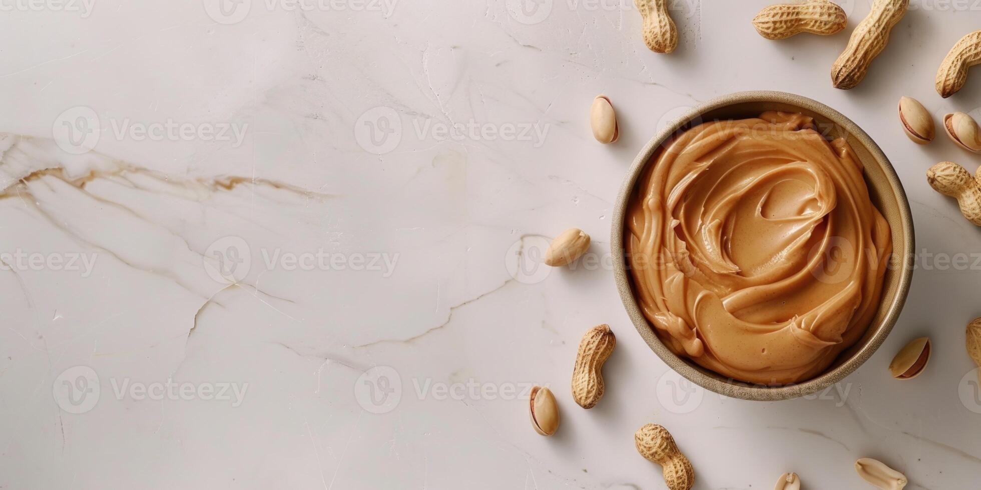 AI generated Peanut butter with nuts on a marble light background, top view. Banner with place for text photo