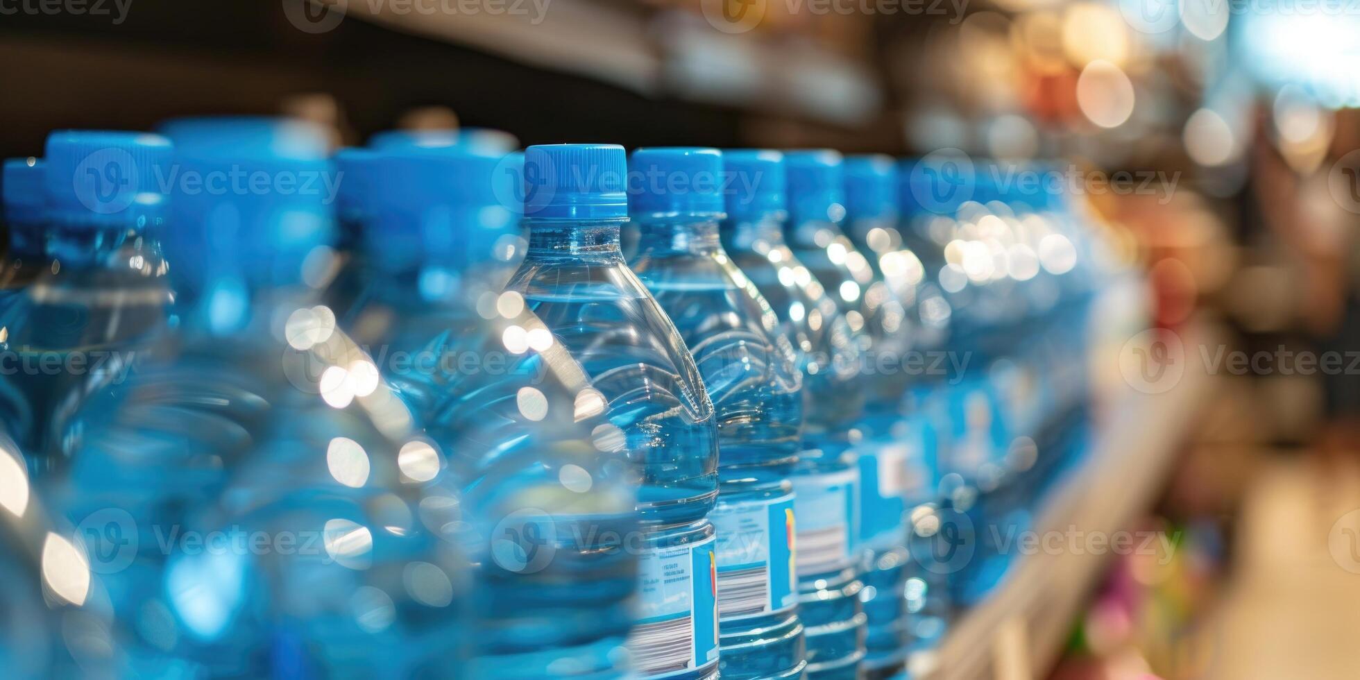 AI generated Drinking water bottles in a row on the counter photo