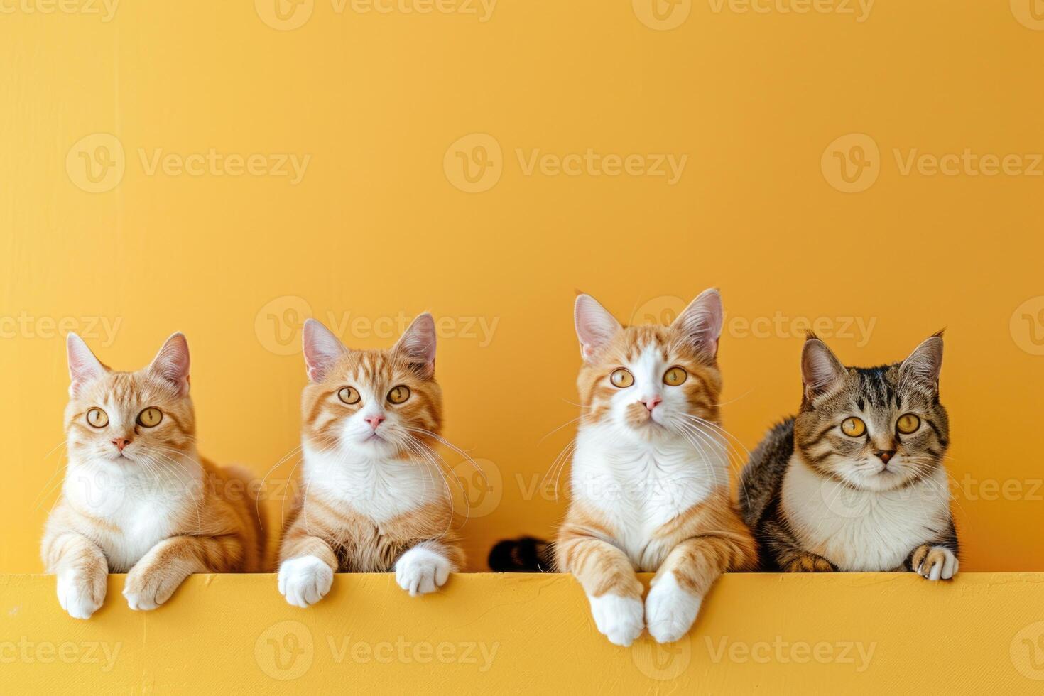AI generated Four cute diverse cats on a bright yellow background with copy space photo