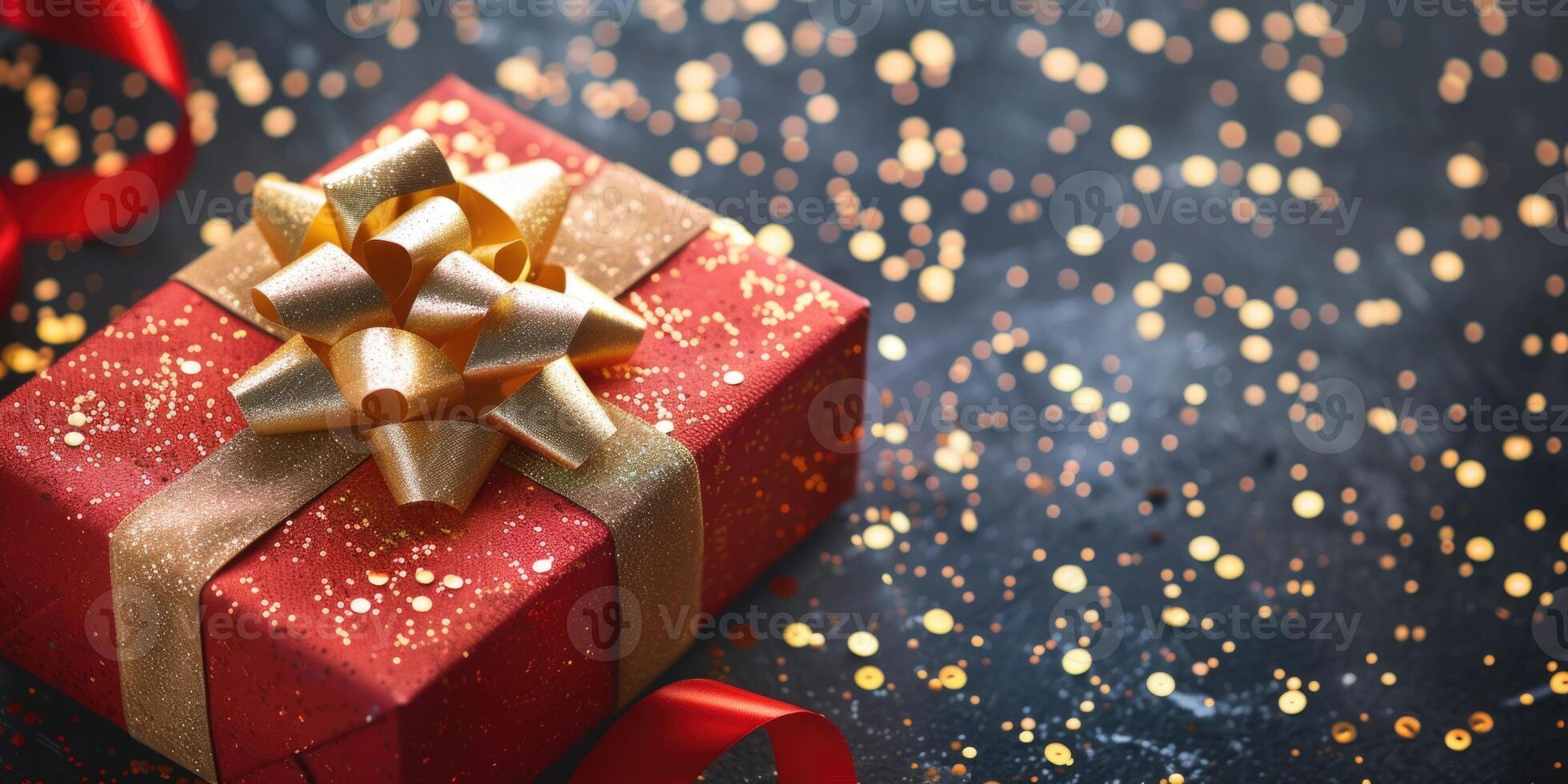 AI generated Festive red gift box with a gold bow on a blue background with gold confetti photo