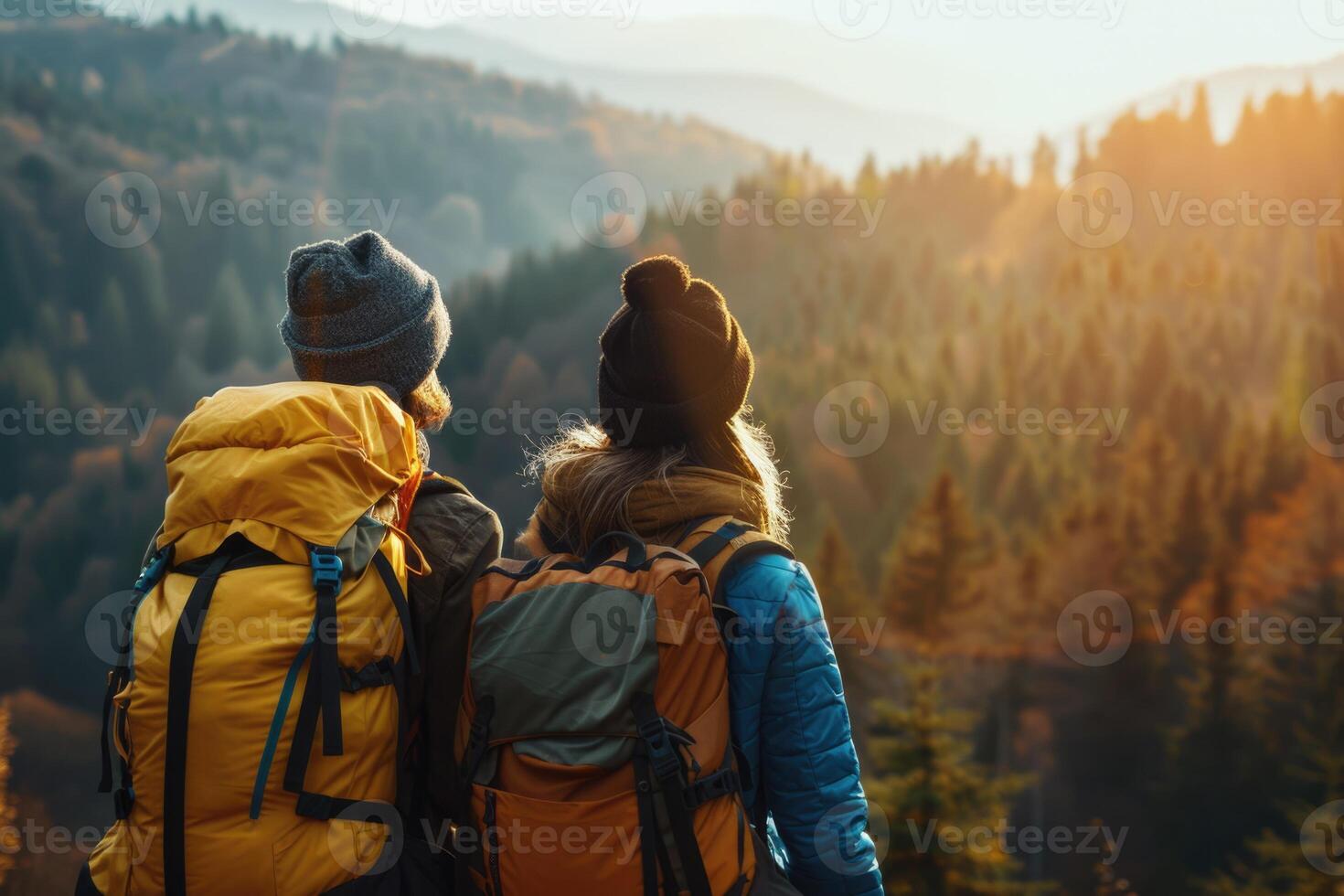AI generated A young couple of travelers stands on a hill and watches the sunrise. Hiking concept photo