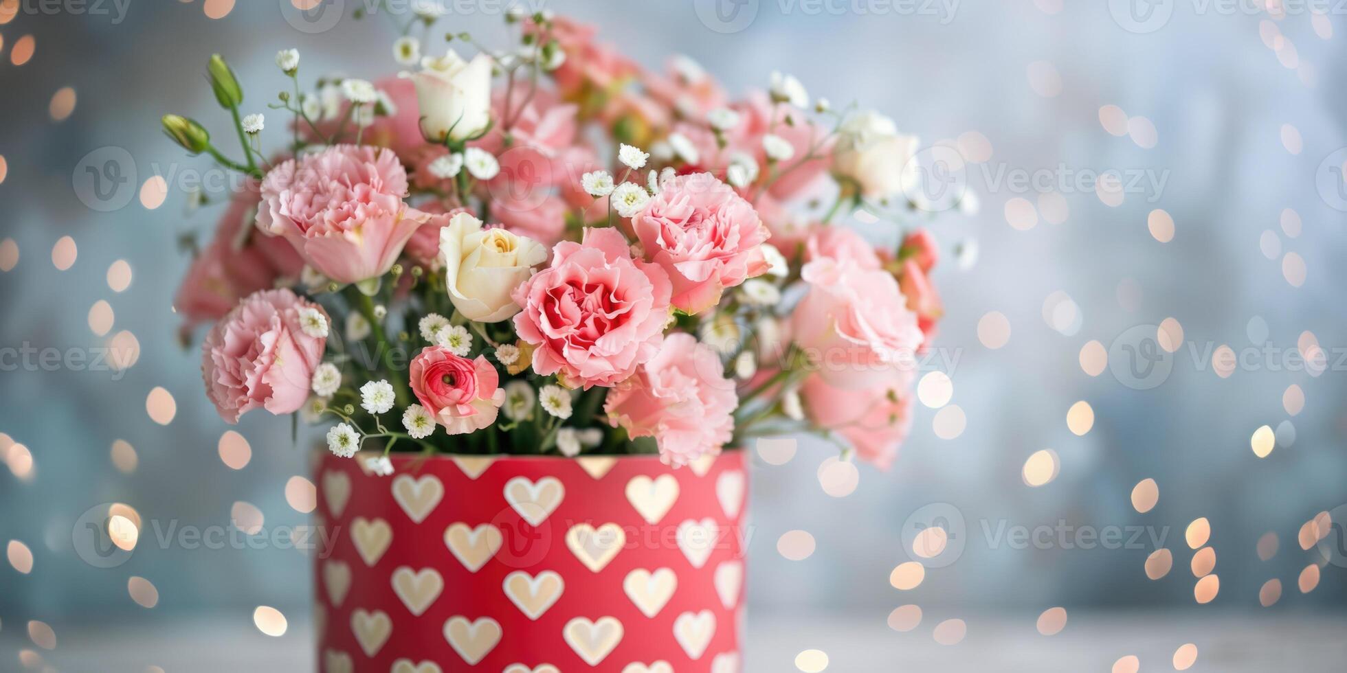 AI generated A bouquet of pink roses in red luxury packaging with gold hearts on a bright blue background with copy space photo