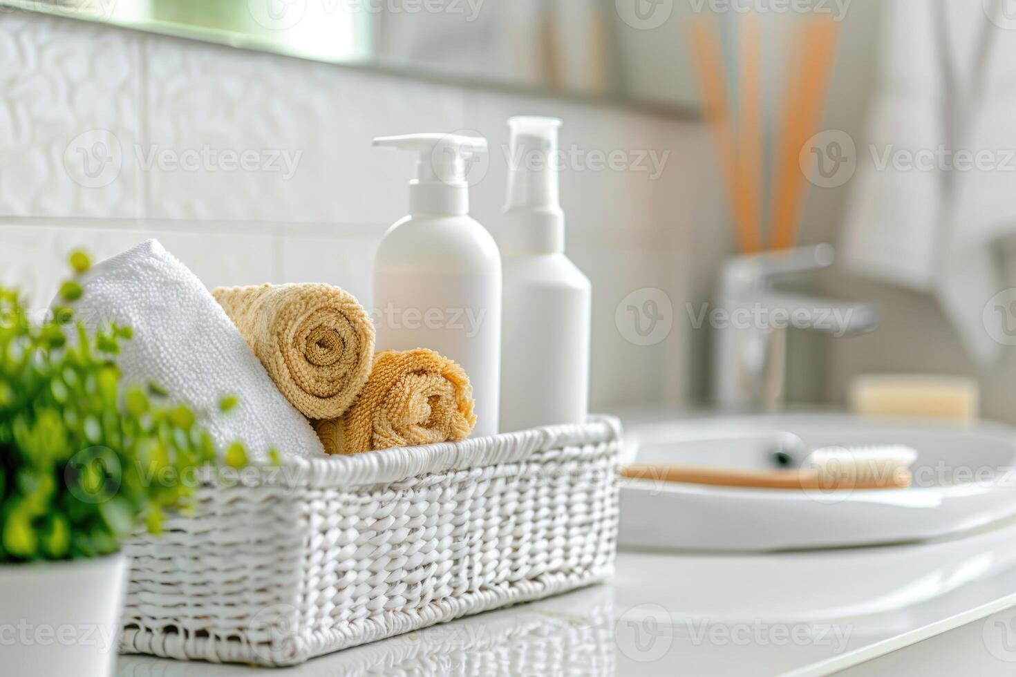 AI generated A set of body care cosmetics and towels in a bright bathroom. Skin care concept banner with copy space photo