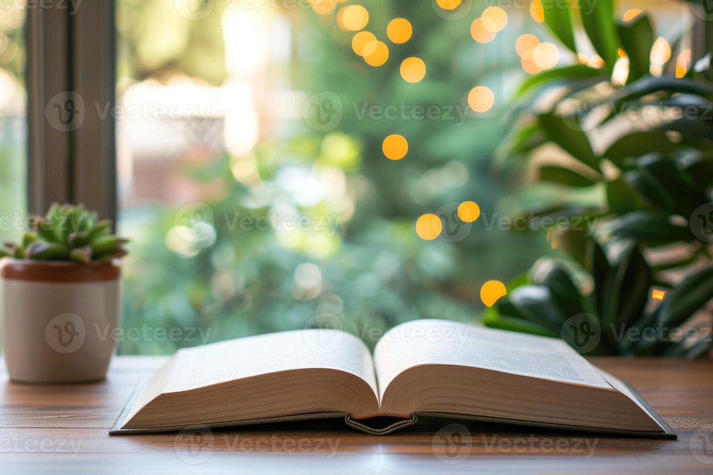 AI generated An open book lies on a table against the background of a blurry window. World Book Day Banner photo