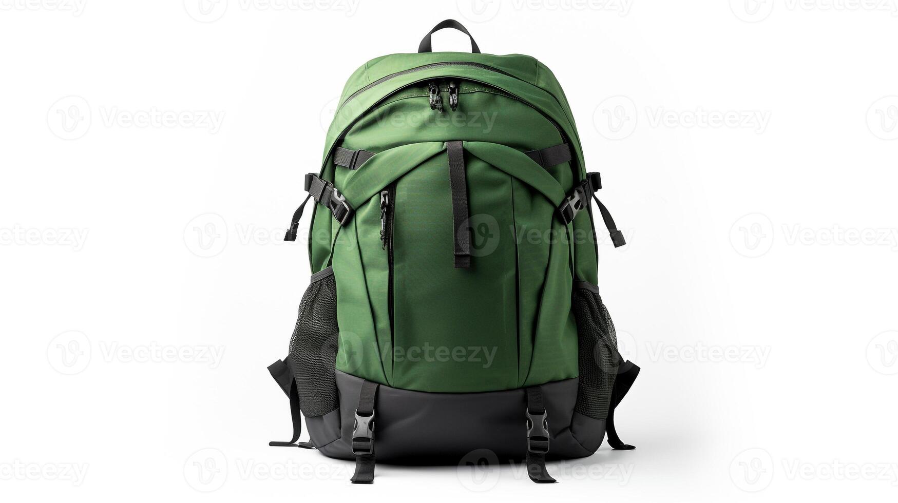 AI generated Green Hiking Backpack Bag isolated on white background with copy space for advertisement. AI Generated photo