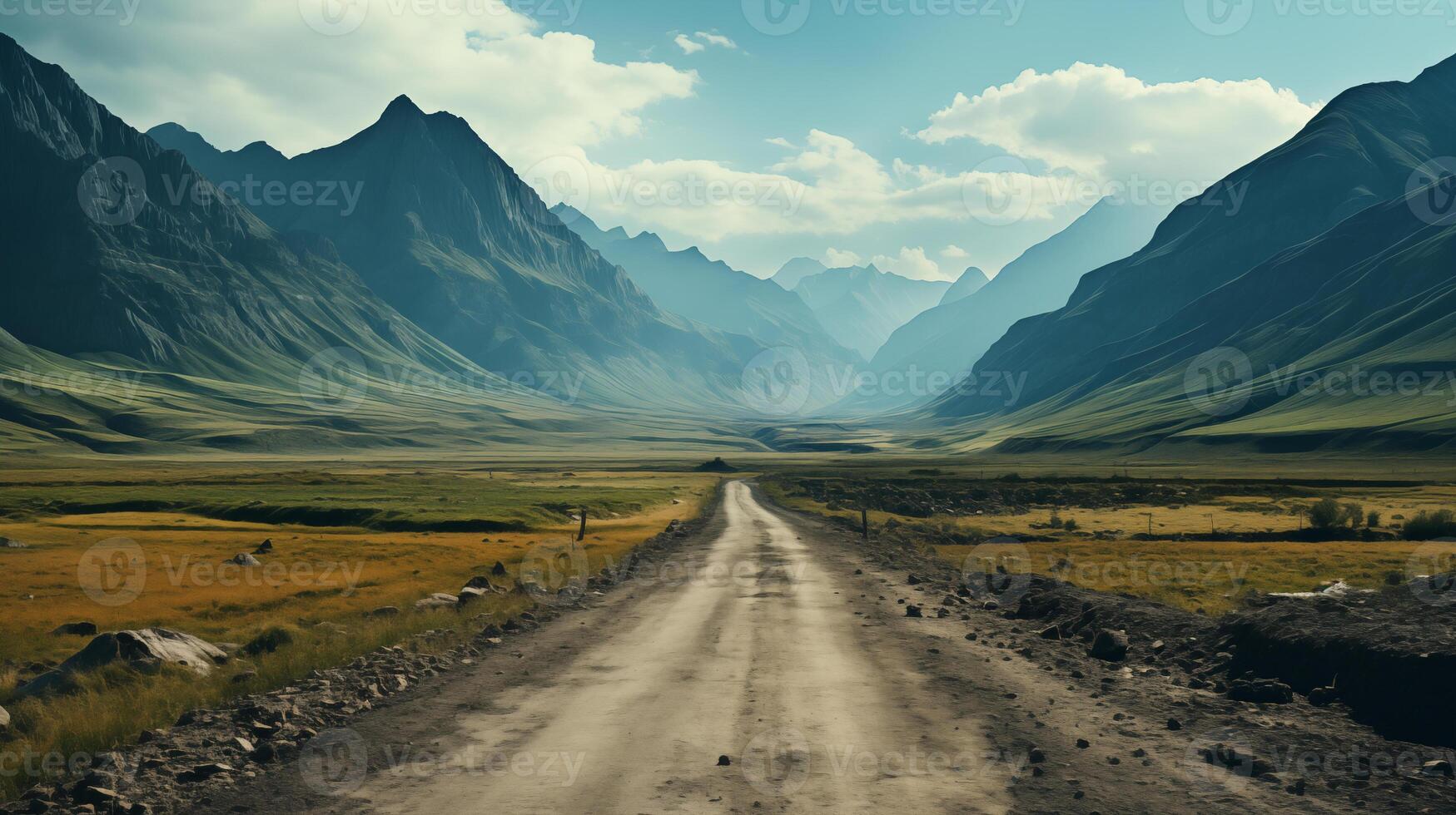 Mountainous Road under Summer Sky with Scenic Landscape and Clouds, Asphalt Highway Leading through Nature's Beauty in a Picturesque Journey photo