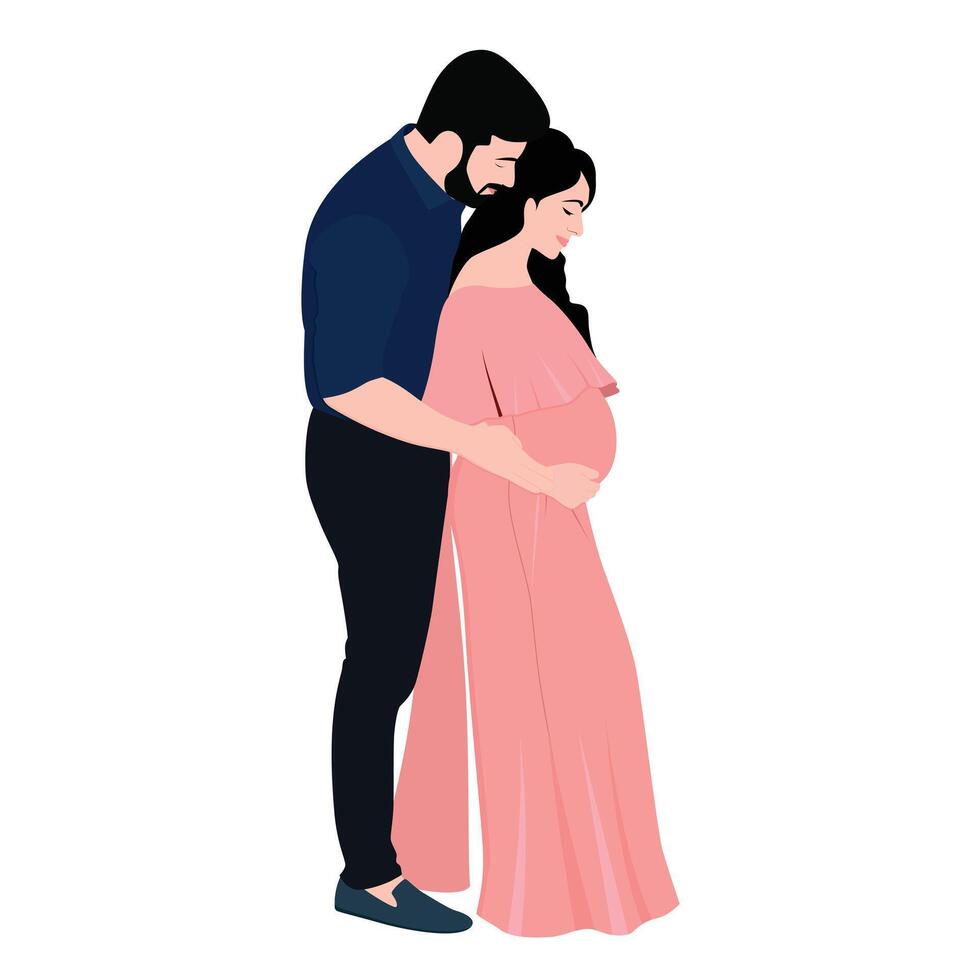 el hombre cuidadosamente abrazado el embarazada mujer. marido y esposa son esperando un bebé, amoroso marido ilustración. plano vector ilustración aislado en blanco antecedentes