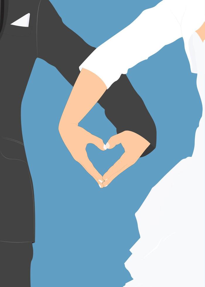 Vector couple in red gown and black tuxedo holding hands showing heart symbol