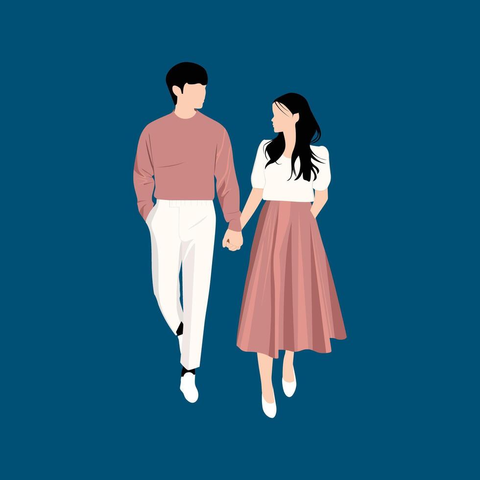 Illustration of a young couple walking holding hands and looking at each other vector