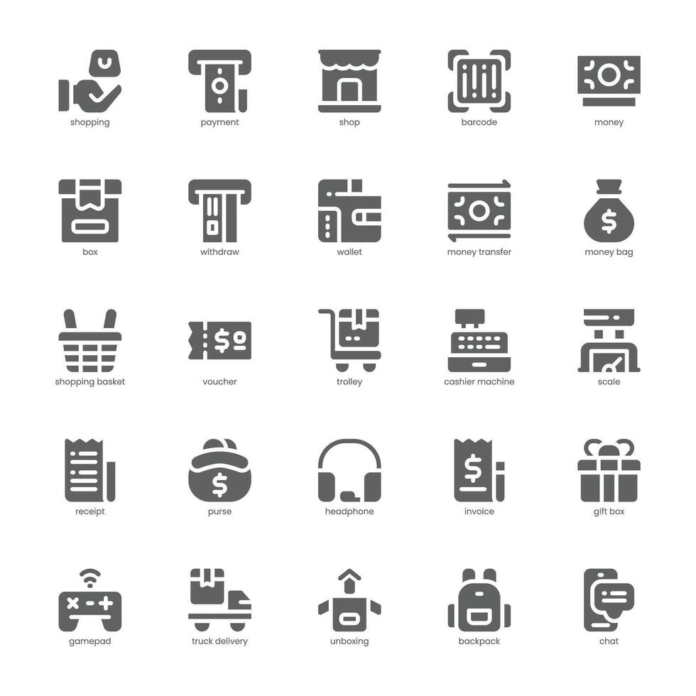 Shopping and Payment icon pack for your website, mobile, presentation, and logo design. Shopping and Payment icon glyph design. Vector graphics illustration and editable stroke.
