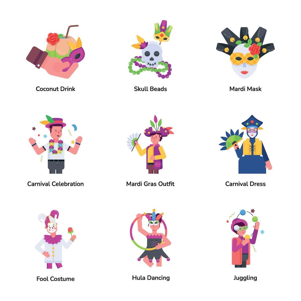 Bundle of Mardi Gras Costumes Flat Icons vector