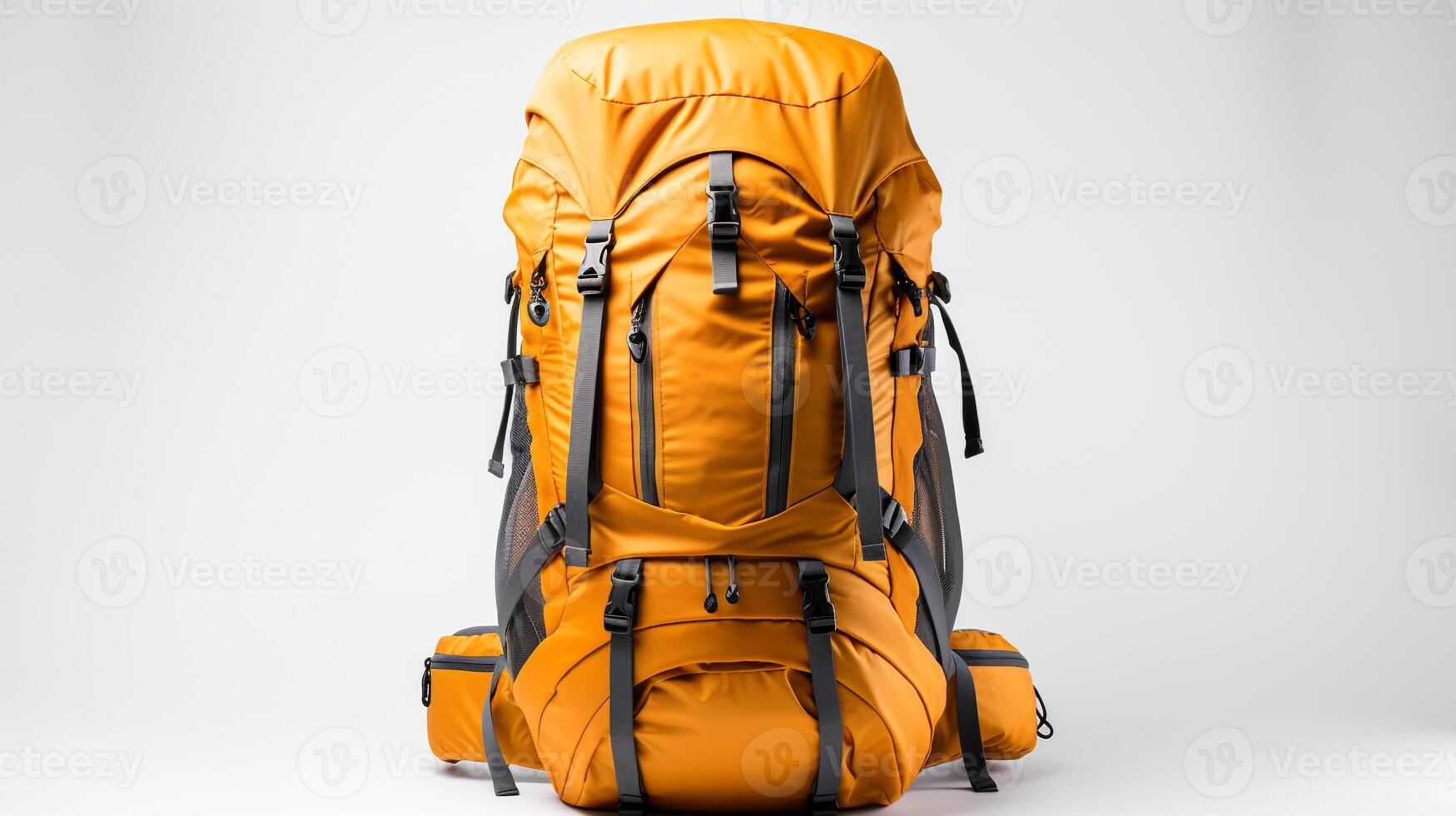 AI generated Orange Hiking Backpack Bag isolated on white background with copy space for advertisement. AI Generated photo