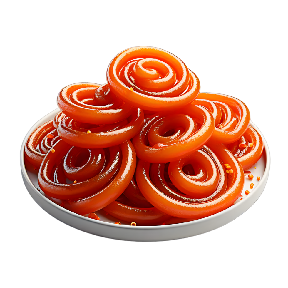 AI generated Crispy Sweet Jalebi, Jilapi, zulbia, mushabak or zalabia in white oval plate png