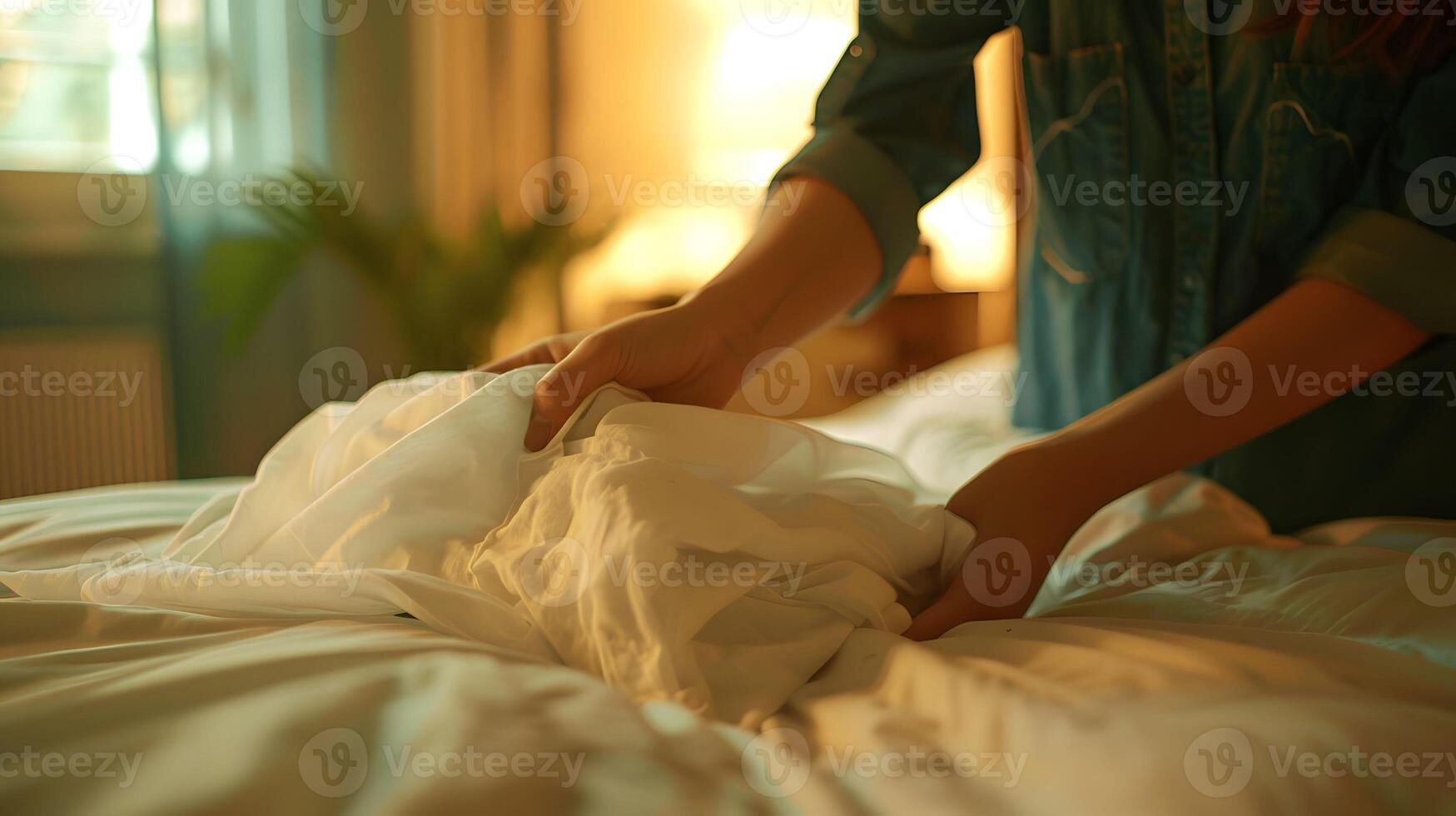 AI generated Making the bed smoothing sheets photo