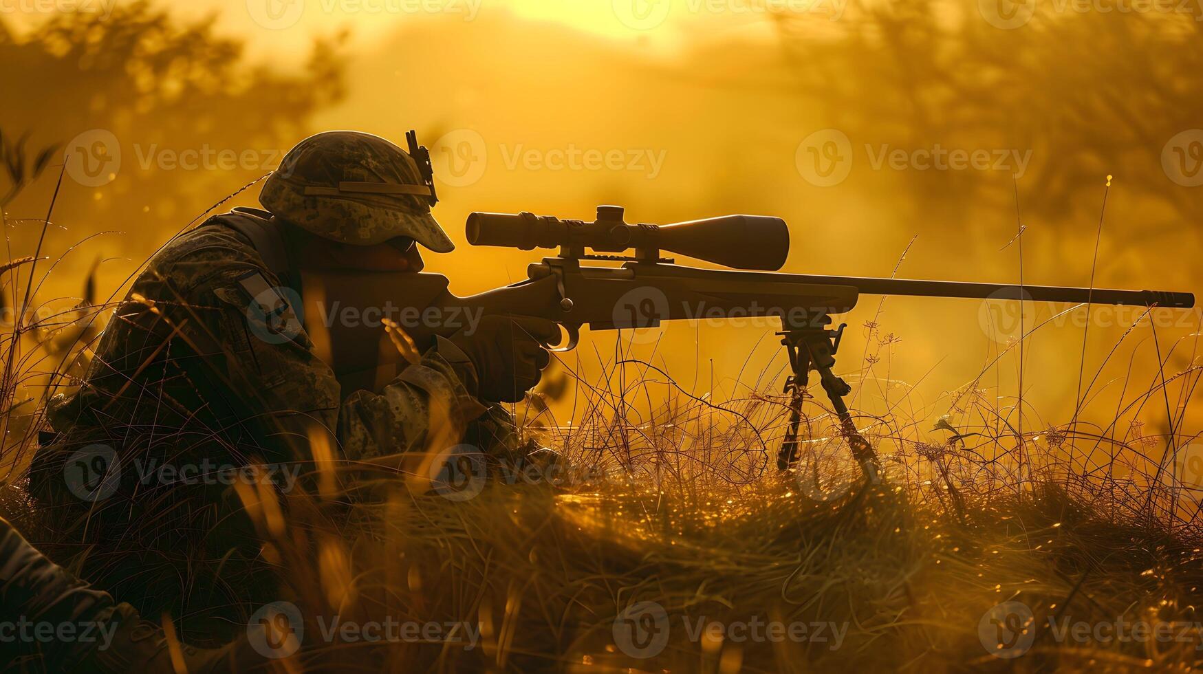 ai generado francotirador rifle alineación focalización desde lejos foto