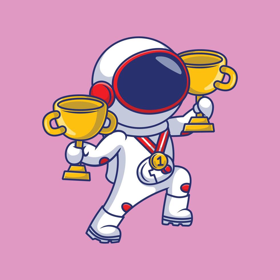 Cute Astronaut Holding Trophies Cartoon Vector Icons Illustration. Flat Cartoon Concept. Suitable for any creative project.