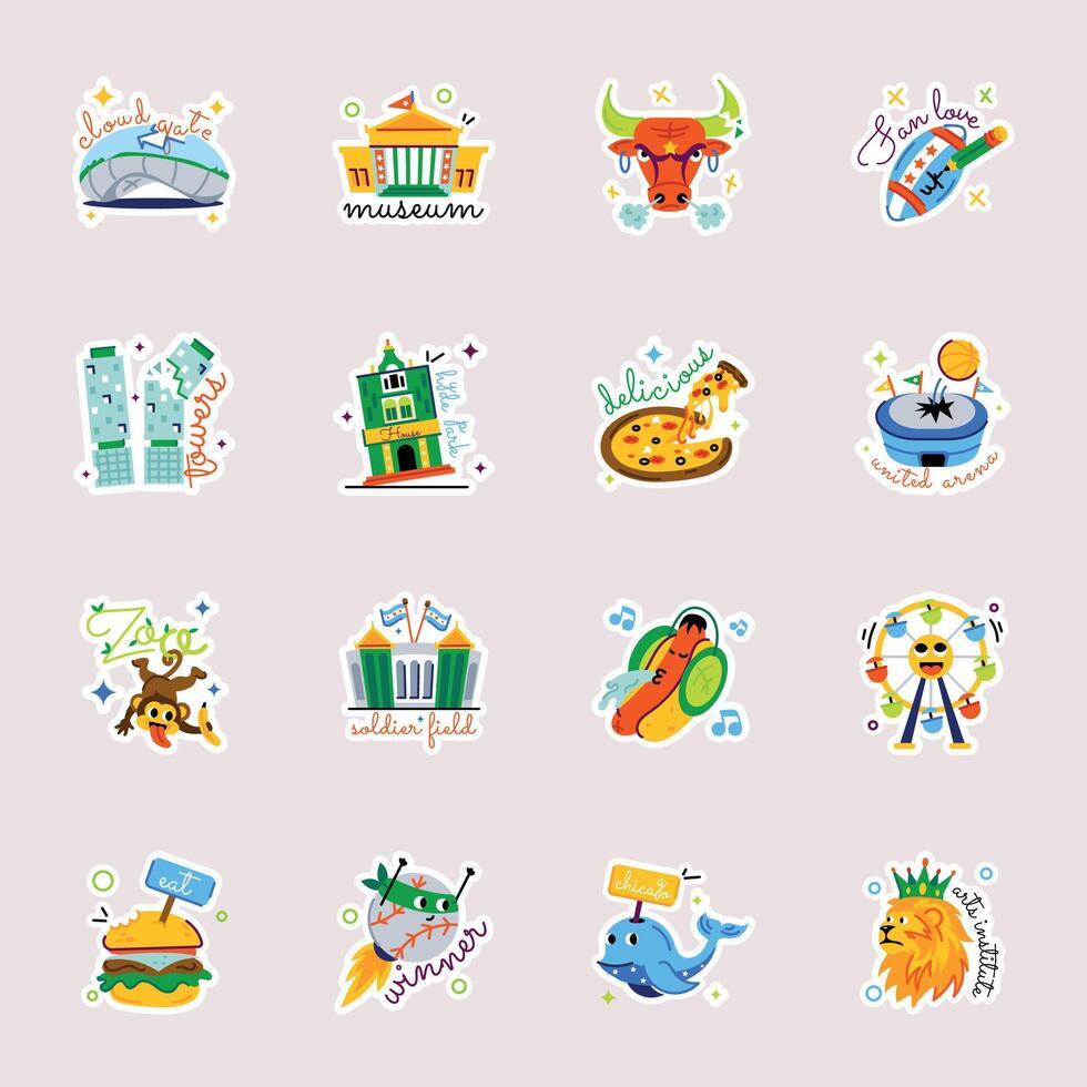 Pack of 16 Chicago Culture Flat Stickers vector