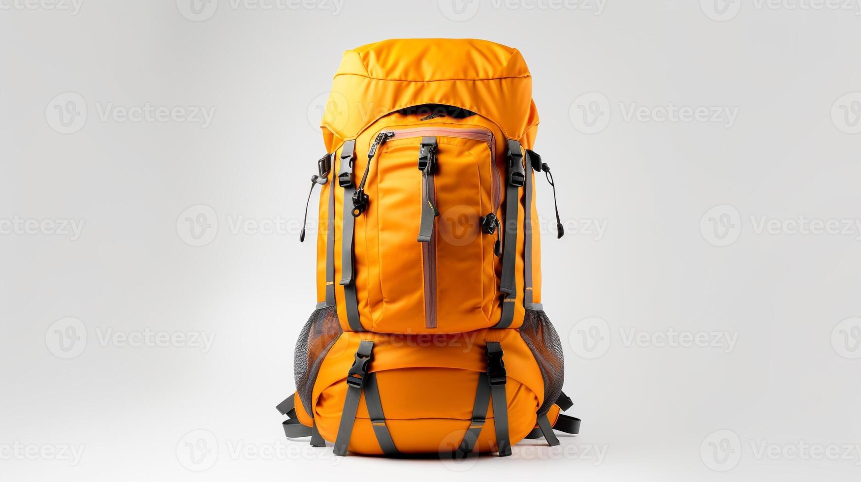 AI generated Orange Hiking Backpack Bag isolated on white background with copy space for advertisement. AI Generated photo