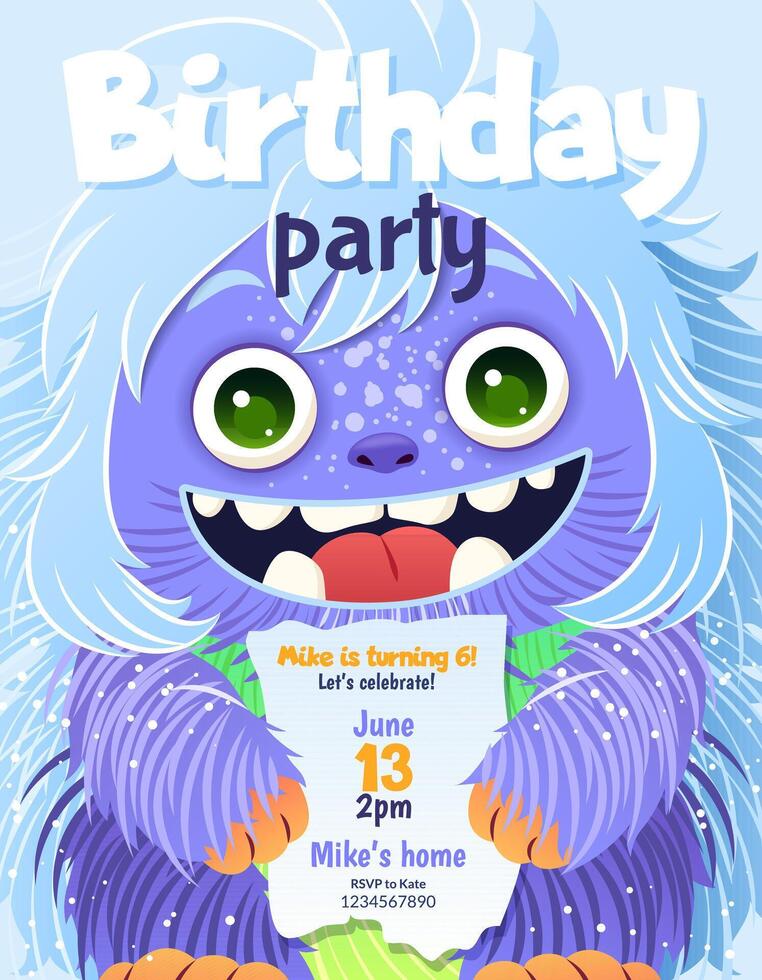 Monster party invitation. Happy Birthday greeting card. Festive postcard featuring a fluffy cartoon monster. Vector design with a cute creature for your celebration event. Layered template with text.