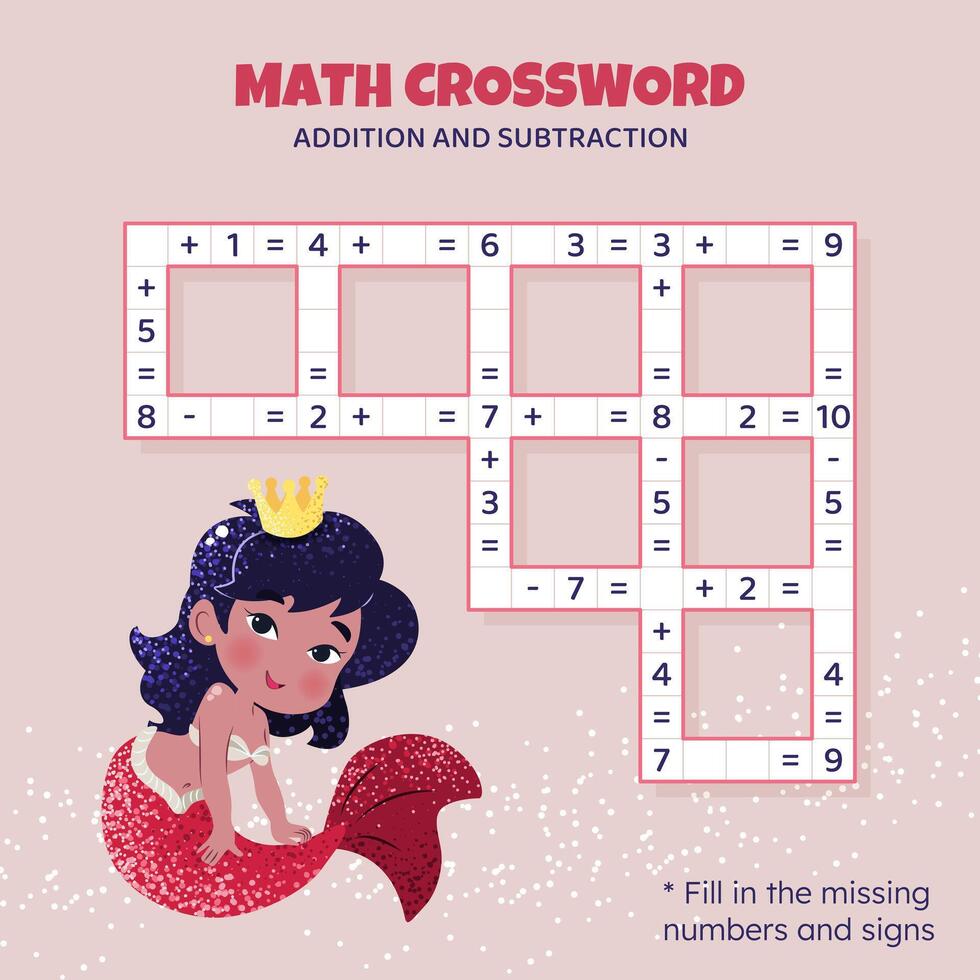 Math Crossword puzzle for kids. Addition and subtraction. Counting up to 10. Game for children. Vector illustration. Colorful crossword with cartoon mermaid. Task, education material for kids.