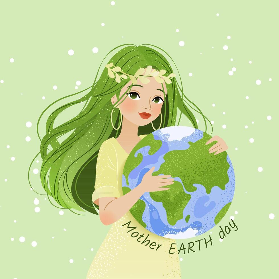 Happy Mother Earth Day. Environmental protection. Poster in cartoon style with woman, planet Earth and slogan. Caring for Nature. Vector illustration for banner, social media post, celebration card.