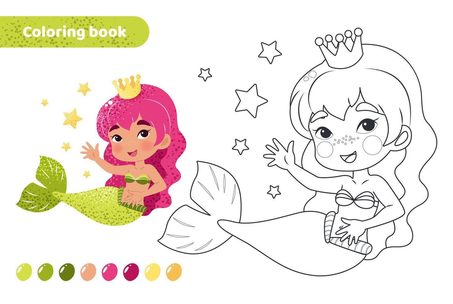 Coloring book for kids. Worksheet for drawing with cartoon mermaid. Cute magical creature. Coloring page with color palette for children. Vector illustration.