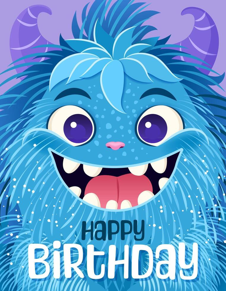 Happy Birthday greeting card or Monster party invitation. Festive postcard featuring a fluffy cartoon monster. Vector design with a cute creature for your celebration event. Layered template.