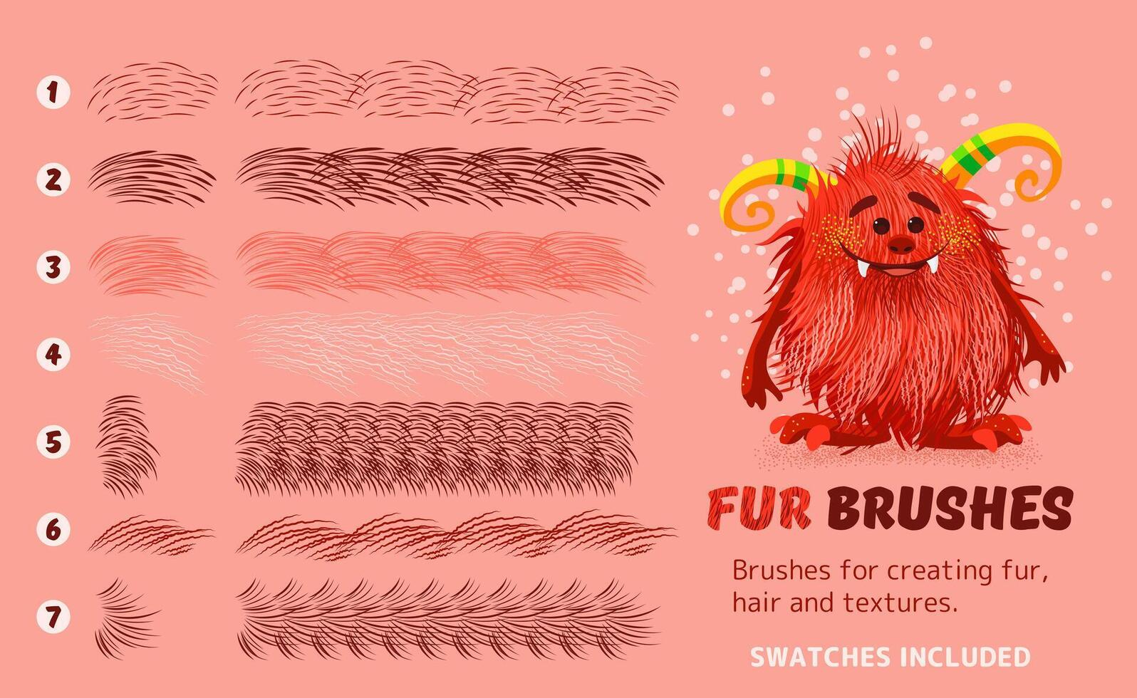 Fur brushes collection. isolated artistic strokes on background. Vector textured hand drawn brushes set for creating fur, hair, fluffy creatures. Swatches included. Eps 10. Abstract design kit.